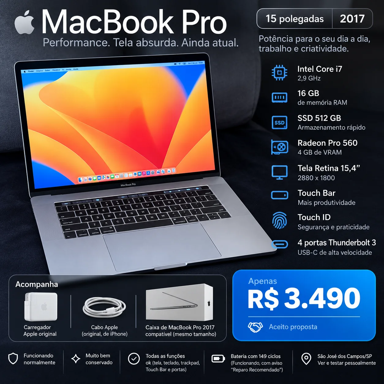 MacBook Pro 15” 2017 — i7, 16 GB RAM e SSD 512 GB — foto 6